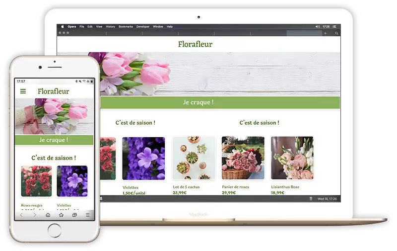 site e-commerce d'un fleuriste : capture d'écran de la boutique en ligne