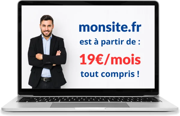 un écran d’ordinateur affiche un tarif de site internet à partir de 19 euros par mois