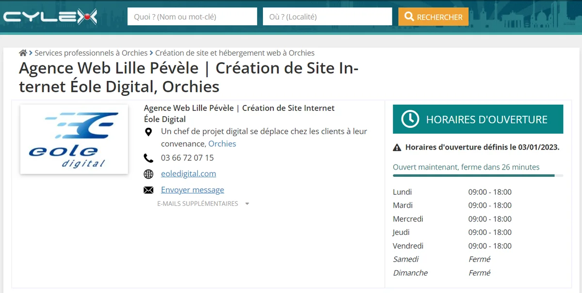 capture d'écran d'une page de référencement local sur l'annuaire web Cylex