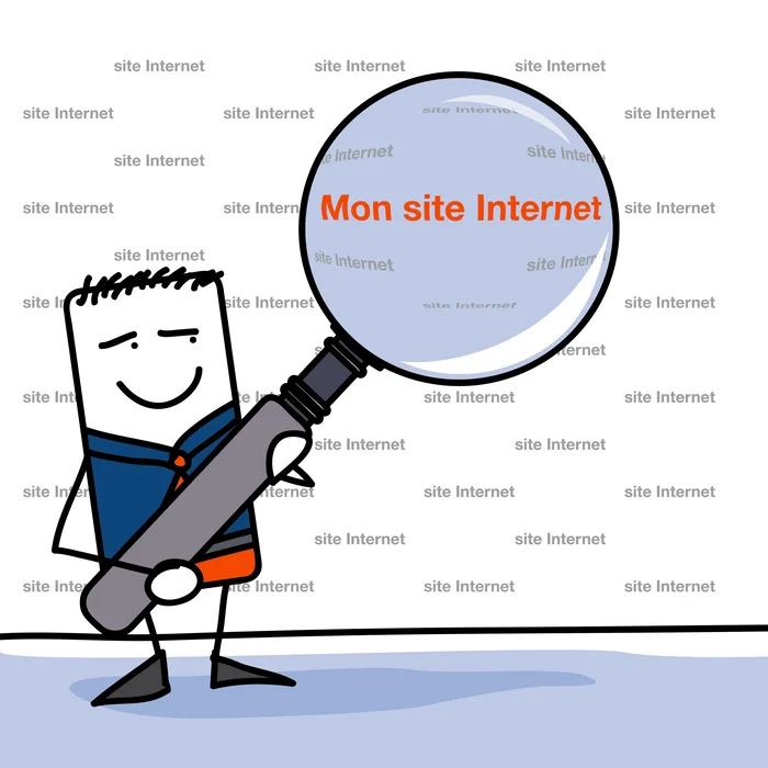 une illustration montre un personnage qui tient une loupe sur une liste de mots tout en mettant en avant le site internet du client grâce à l'utilisation du référencement naturel (SEO)