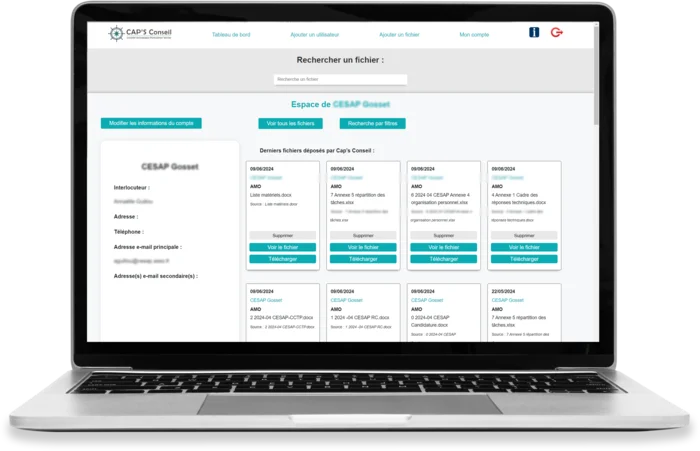 capture d'écran d'un d'une application web (espace client extranet) réalisée par l'Agence Web