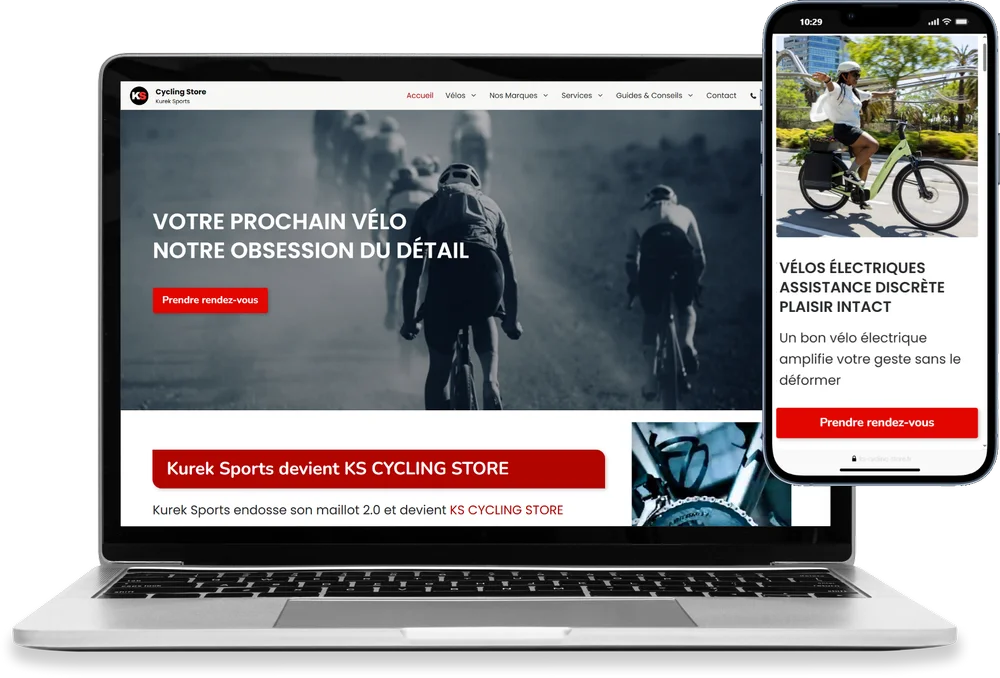capture d'un pc et smartphone affichant le site vitrine de KS Cycling Store