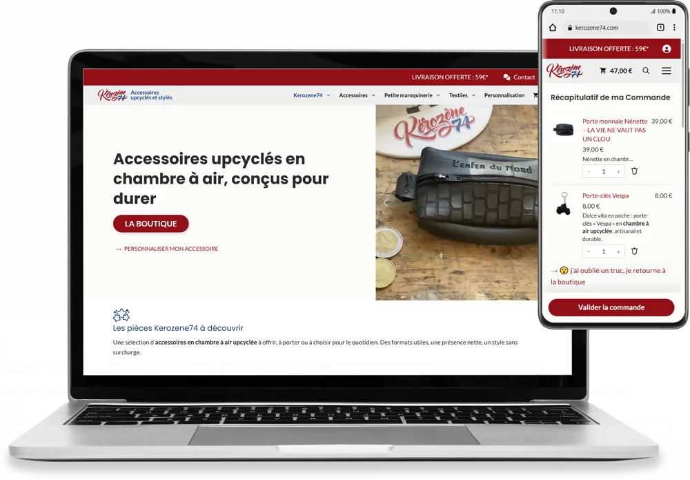 capture d'un pc et smartphone affichant l'e-commerce kerozene74