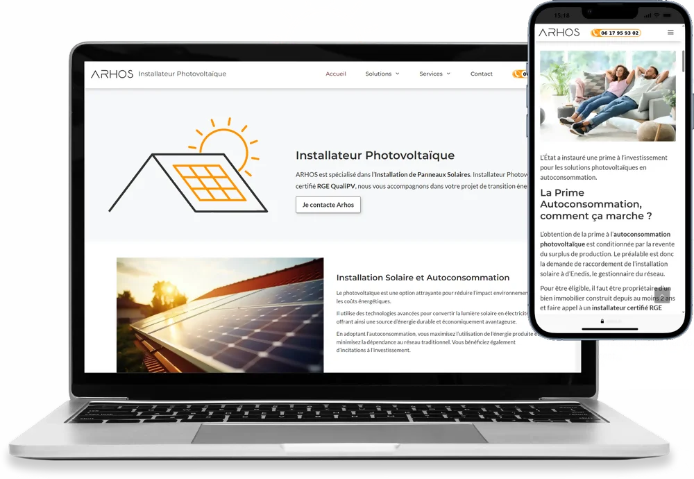 capture d'un pc et smartphone affichant le site vitrine de Arhos Energie