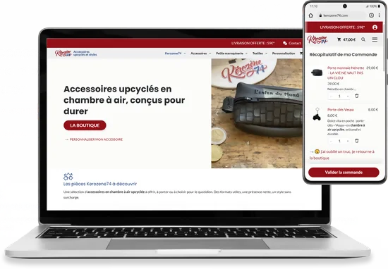 capture d'un pc et smartphone affichant l'e-commerce kerozene74